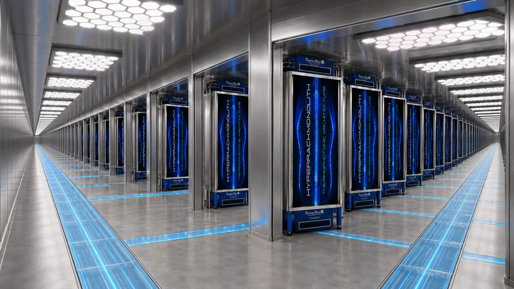 Long view through a ThermaBlue HyperRack hall